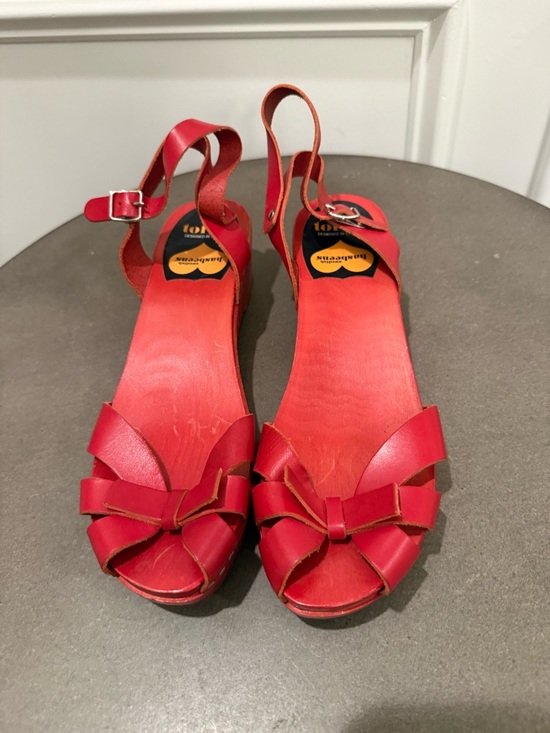 Swedish Hasbeens Shoes - Swedish Hasbeens Red Bow Peep-Toe Sandals with Ankle Strap